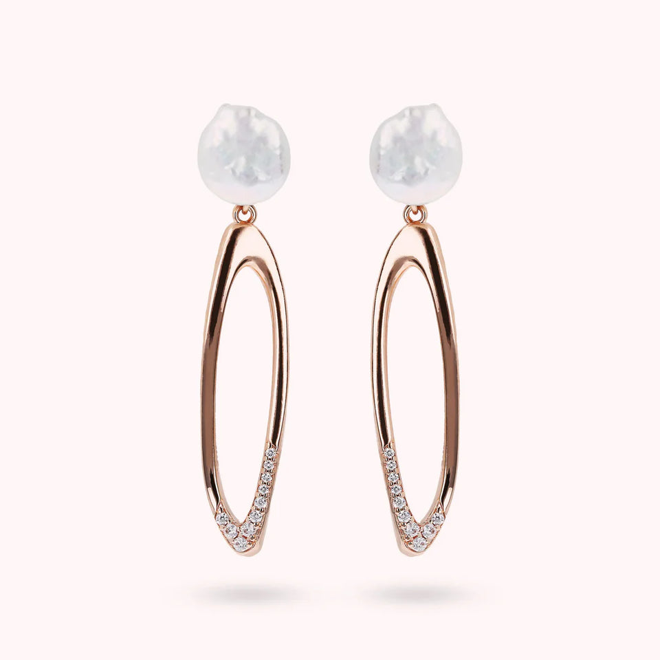 Orecchini Pendenti Ovali con Cubic Zirconia e Perle Coin d'Acqua Dolce Bianche Ø 9/10 mm
