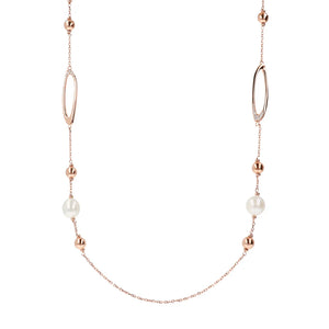 Collana Lunga Catena Rolo con Dettagli Ovali e Perle d'Acqua Dolce Bianche Ø 12 mm