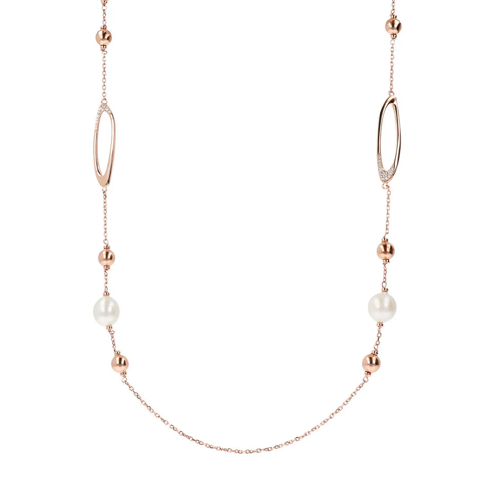 Collana Lunga Catena Rolo con Dettagli Ovali e Perle d'Acqua Dolce Bianche Ø 12 mm