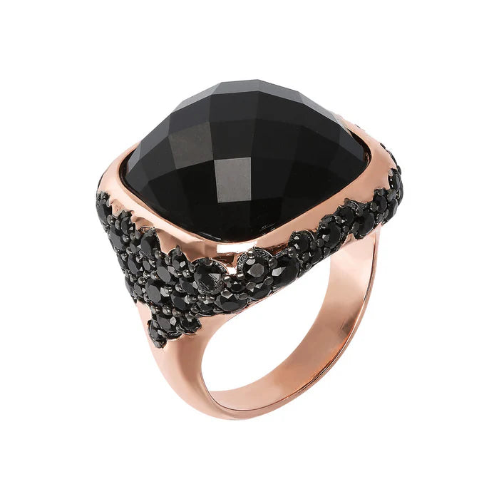 Anello Chevalier con Pietra Naturale Quadrata Sfaccettata e Pavé