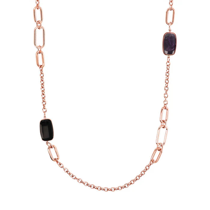Collana Lunga con Pietre Naturali Taglio a Saponetta Ametista  e Onice