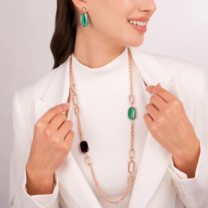 Collana Lunga con Pietre Naturali Taglio a Saponetta Onice e malachite