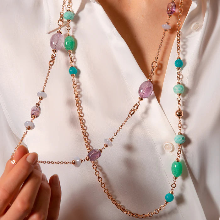 Collana Lunga Catena Rolo con Rondelle e Pietre Naturali