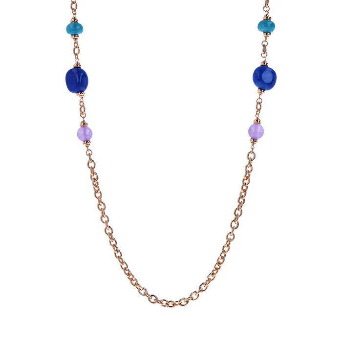 Collana Lunga Catena Rolo con Station di Bead e Pietre Naturali Quarziti