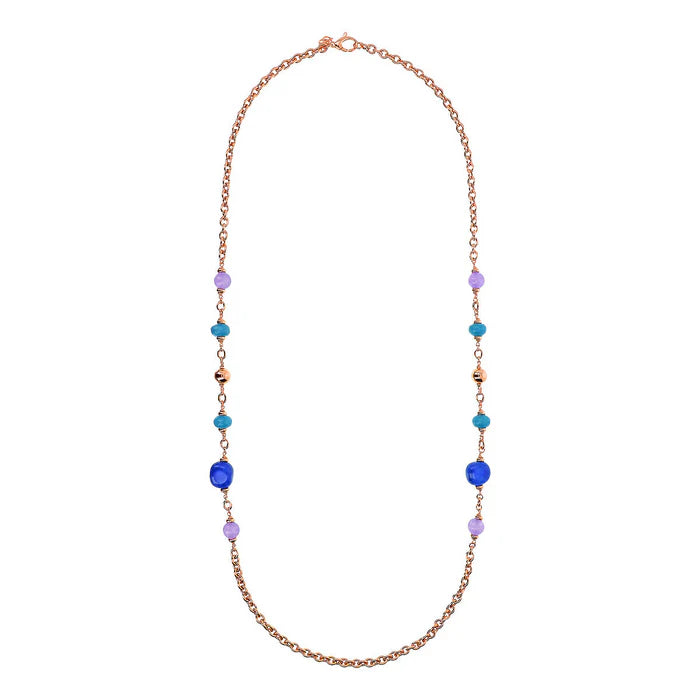 Collana Lunga Catena Rolo con Station di Bead e Pietre Naturali Quarziti