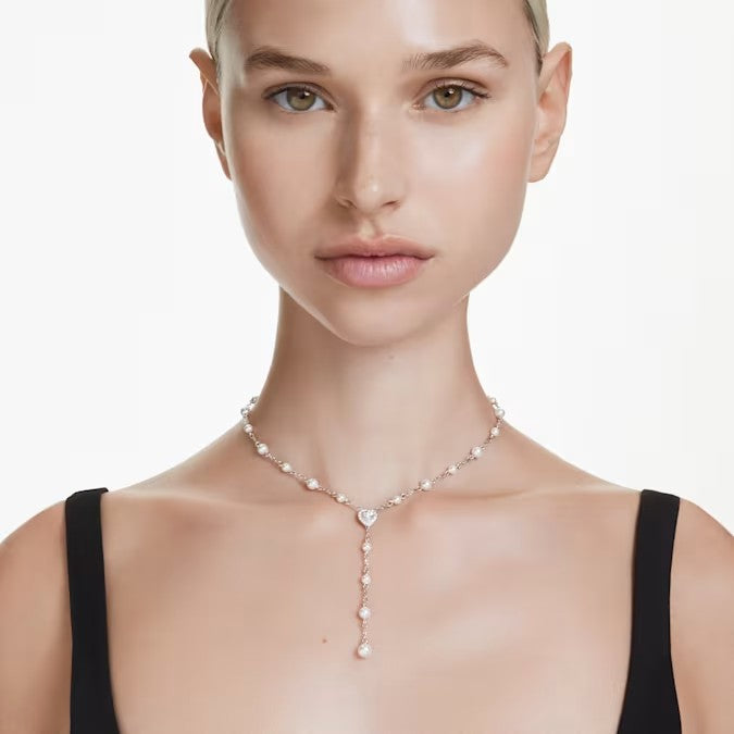 Collana a Y Ariana Grande x Swarovski Crystal Pearl, Taglio misto, Cuore, Bianco, Placcato rodio