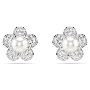 Orecchini a lobo Ariana Grande x Swarovski Crystal Pearl, Taglio Round, Fiore, Bianchi, Placcato rodio