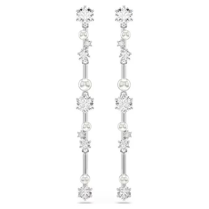 Orecchini pendenti Constella Crystal Pearl, tagli Round, Bianchi, Placcato rodio